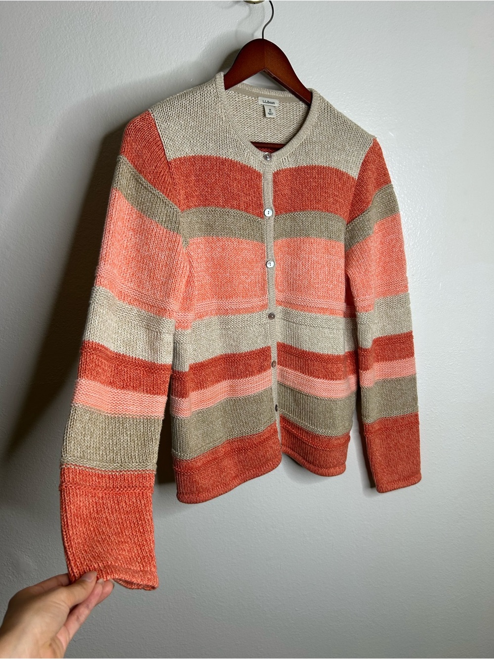 L.L. Bean 100% Cotton Thick Knit Textured Stripe Button Down Cardigan Sweater - Picture 2 of 16